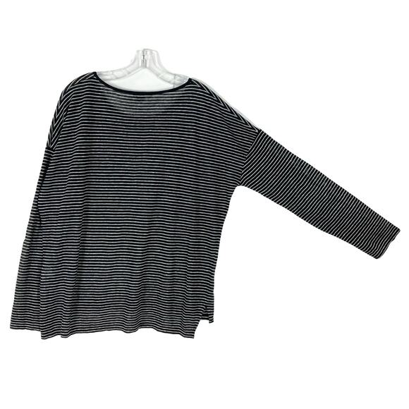 Nwot VINCE Top Women L Linen 100% Black White Stripe Slit-Side Long-Sleeve - Picture 2 of 10
